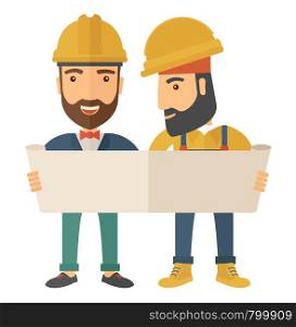 A two young architects wearing protection helmets looing at blueprint. A Contemporary style. Vector flat design illustration isolated white background. Square layout.. Two architects wearing protection helmets looking at blueprint.