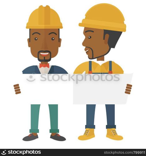 A two young black architects wearing protection helmets looing at blueprint. A Contemporary style. Vector flat design illustration isolated white background. Square layout.. Two black architects wearing protection helmets looking at blueprint.