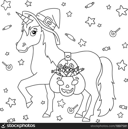 A unicorn in a witch hat carries a pumpkin basket with sweets. Magic fairy horse. Halloween theme. Coloring book page for kids. Cartoon style. Vector illustration isolated on white background.