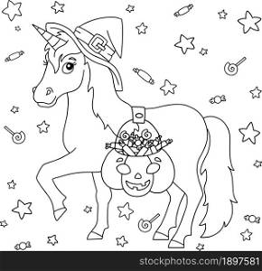 A unicorn in a witch hat carries a pumpkin basket with sweets. Magic fairy horse. Halloween theme. Coloring book page for kids. Cartoon style. Vector illustration isolated on white background.