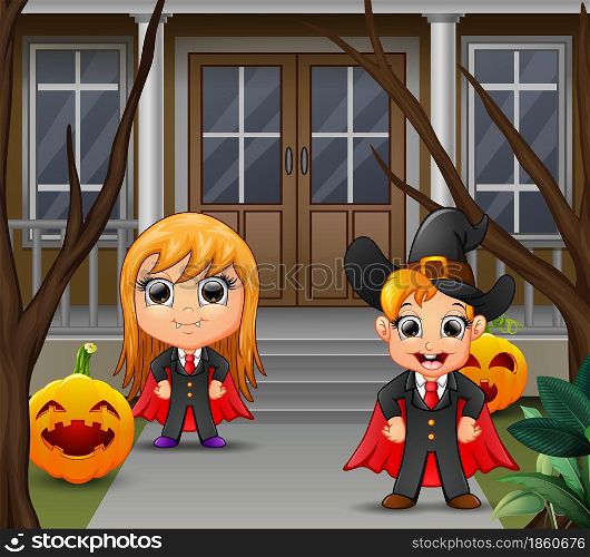 A vampire couple with yellow hair standing in front of the house