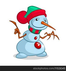 A vector cartoon snowman. Christmas character with wooden hands