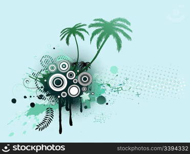 A vector illustrated blue decorative elements with palm trees and Grunge circles