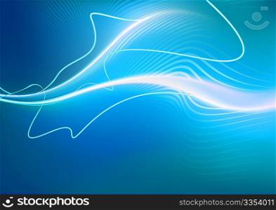 A vector illustrated blue futuristic background resembling a jellyfish-like creature at top speed on top of motion-blurred fire