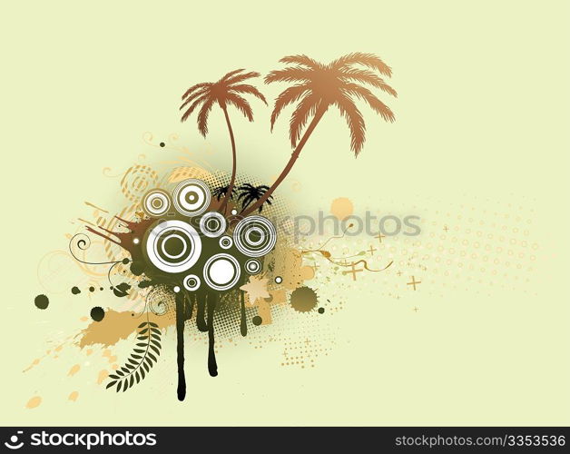 A vector illustrated decorative elements with palm trees and Grunge circles