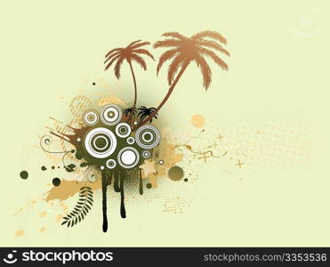 A vector illustrated decorative elements with palm trees and Grunge circles