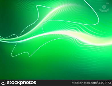 A vector illustrated green futuristic background resembling a jellyfish-like creature at top speed on top of motion-blurred fire