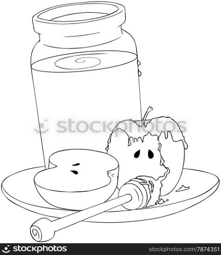 A Vector Illustration coloring page of a honey jar and sliced apple covered with honey and wooden stick on a plate for the Jewish New Year?s.&#xA;