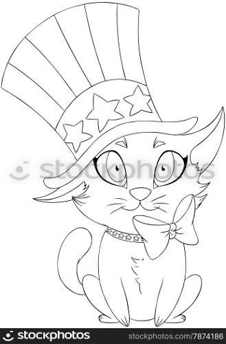 A Vector illustration coloring page of a kitten wearing a hat and bow designed as the American flag for the 4th of July.&#xA;