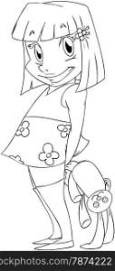 A Vector illustration coloring page of a little girl holding a rabbit doll behind her back and smiling.&#xA;