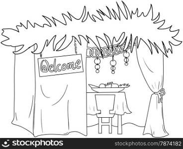 A Vector illustration coloring page of a Sukkah decorated with ornaments for the Jewish Holiday Sukkot.&#xA;