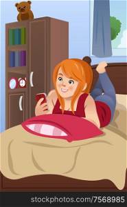 A vector illustration happy teenage girl using her cell phone in bedroom