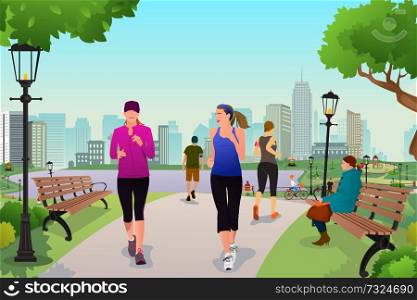 A vector illustration healthy women running in a park