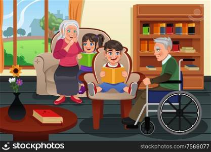 A vector illustration kids visiting a retirement home and read stories to residents