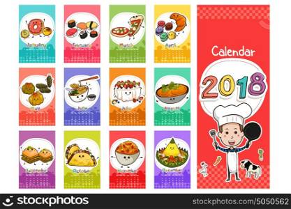 A vector illustration of 2018 Food Themed Calendar in Cartoon Style