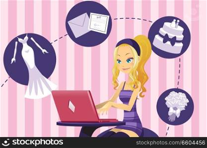 A vector illustration of a beautiful woman planning her wedding online
