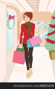 A vector illustration of a beautiful woman shopping during Christmas season