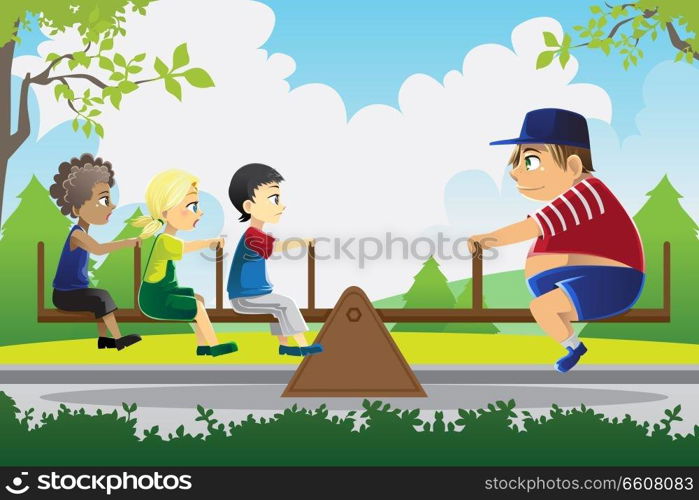 A vector illustration of a big kid playing see saw with three little kids, can be used for balance concept