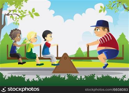 A vector illustration of a big kid playing see saw with three little kids, can be used for balance concept