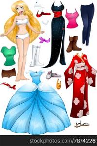 A vector illustration of a blond girl template outfit and accessories dress up pack.&#xA;