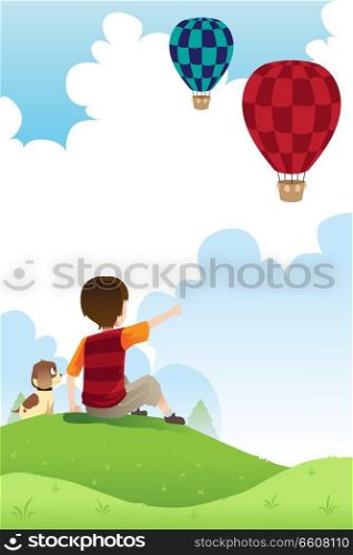 A vector illustration of a boy and his dog watching hot air balloons