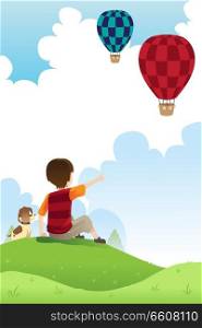 A vector illustration of a boy and his dog watching hot air balloons