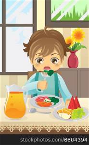 A vector illustration of a boy eating vegetables and fruits