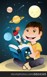 A vector illustration of a boy reading an astronomy science book