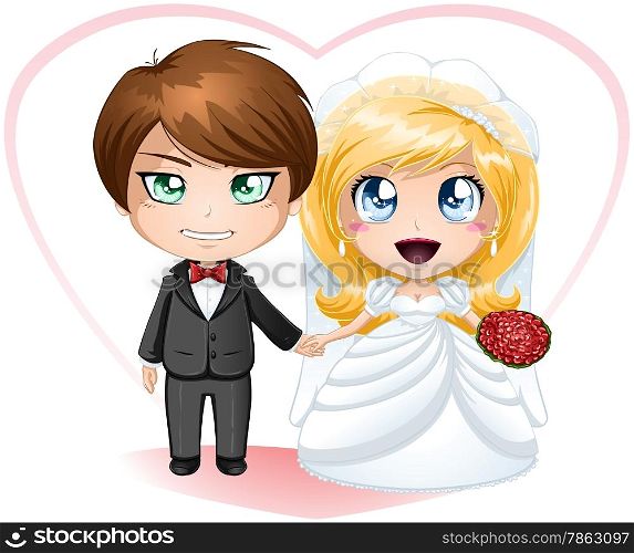 A vector illustration of a bride and groom dressed for their wedding day.