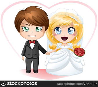 A vector illustration of a bride and groom dressed for their wedding day.