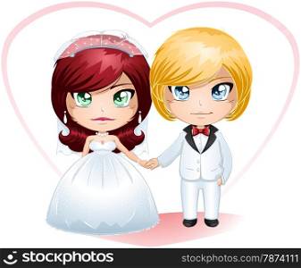 A vector illustration of a bride and groom dressed for their wedding day.