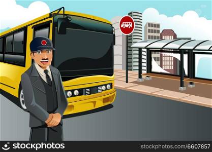 A vector illustration of a bus driver standing in front of the bus at a bus terminal