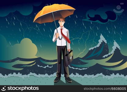 A vector illustration of a businessman holding an umbrella in the middle of a storm, can be used for weather the storm concept