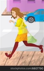 A vector illustration of a businesswoman late for work, looking at her watch