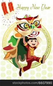 A vector illustration of a Chinese boy dancing a Lion dance