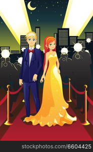 A vector illustration of a couple celebrities on the red carpet