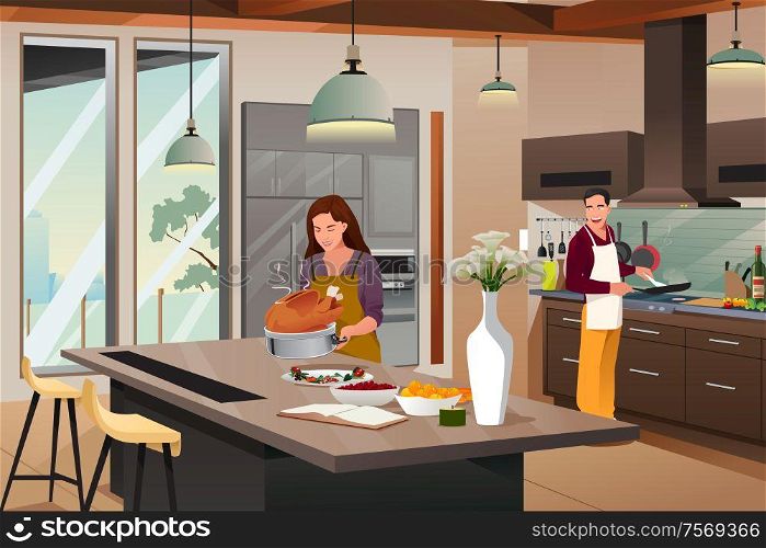 A vector illustration of a Couple Preparing For Thanksgiving Dinner in the Kitchen