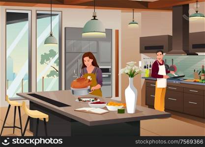 A vector illustration of a Couple Preparing For Thanksgiving Dinner in the Kitchen