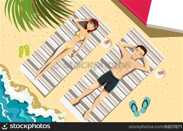 A vector illustration of a couple sunbathing on the beach