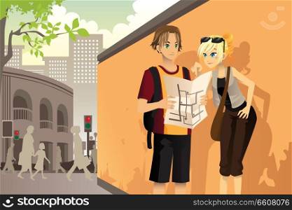 A vector illustration of a couple young tourists reading a map in an urban village