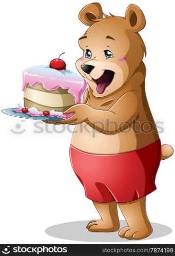 A vector illustration of a cute young bear holding a delicious cake.
