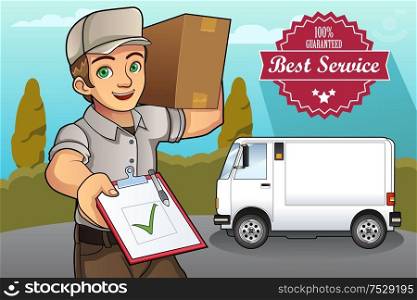 A vector illustration of a delivery man delivering a package