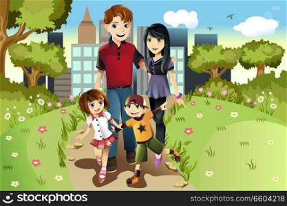 A vector illustration of a family walking in the park