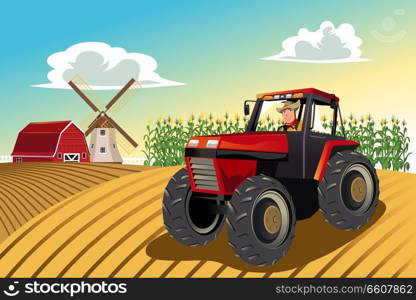 A vector illustration of a farmer riding a tractor working in his farm