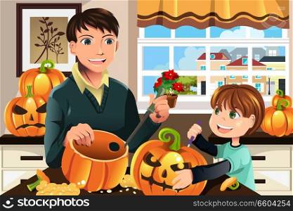 A vector illustration of a father and his son carving pumpkins for Halloween