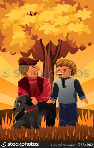 A vector illustration of a father playing with his son and their dog