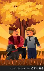 A vector illustration of a father playing with his son and their dog