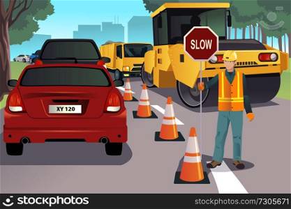 A vector illustration of a flagger working on road construction