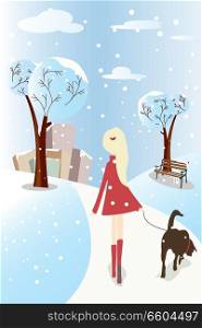 A vector illustration of a girl walking her dog in a park