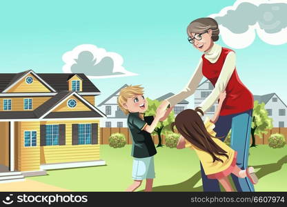 A vector illustration of a grandmother playing with her grandchildren